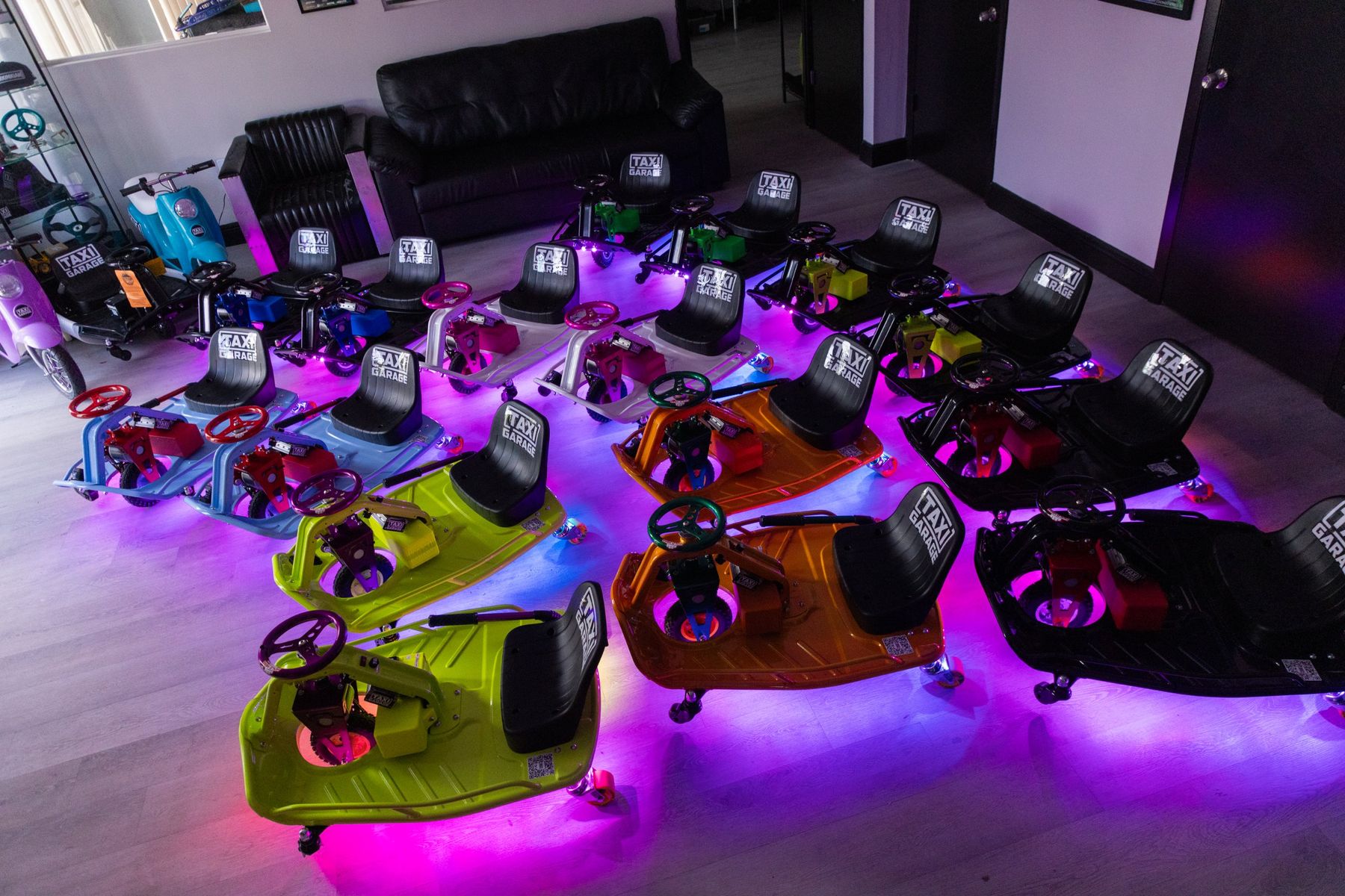 Crazy Drift carts glowing with magenta underglow